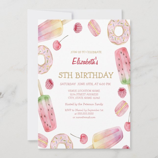 Invitation Aquarelle Crème glacée, Donuts Sweets Anniversaire (Devant)