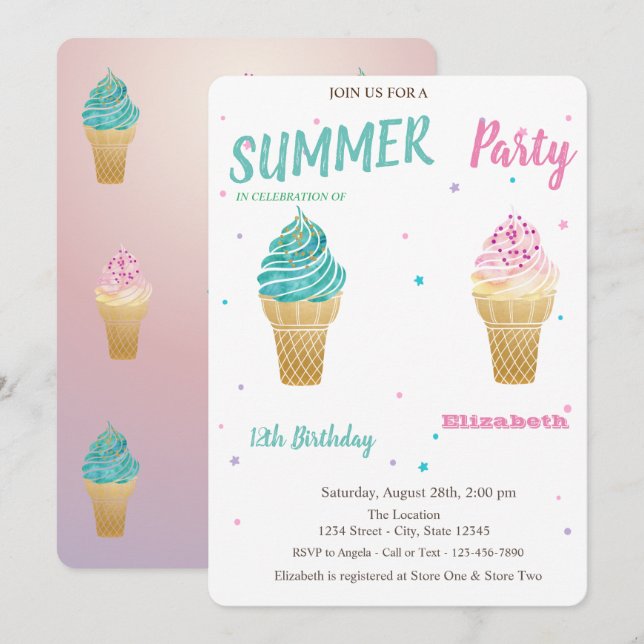 Invitation Aquarelle Crème glacée Étoiles Anniversaire (Devant / Derrière)