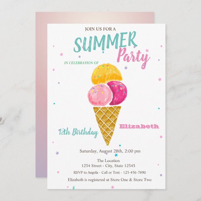 Invitation Aquarelle Crème glacée Étoiles Fête d'été (Devant / Derrière)