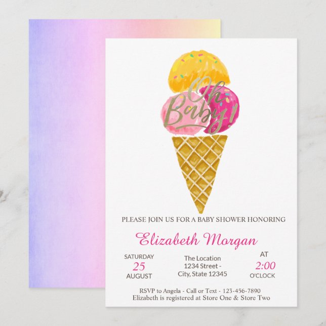 Invitation Aquarelle Crème glacée Oh Baby Baby shower d'été (Devant / Derrière)
