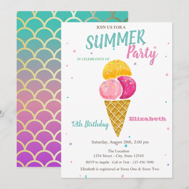 Invitation Aquarelle Crème glacée Sirène Balances Anniversair (Devant / Derrière)