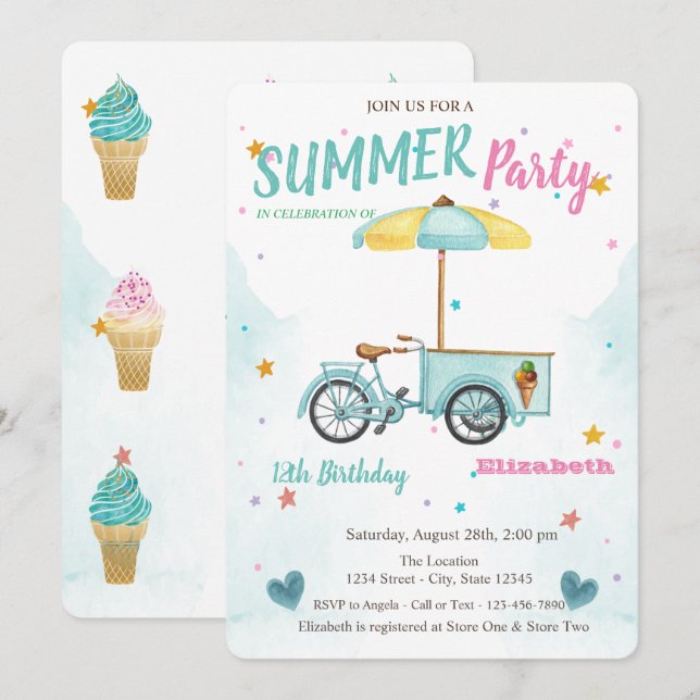 Invitation Aquarelle Crème glacée Vélo Étoiles Anniversaire (Devant / Derrière)