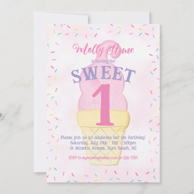 Invitation Aquarelle Crème rose Ice Cône Anniversaire Fille (Devant)