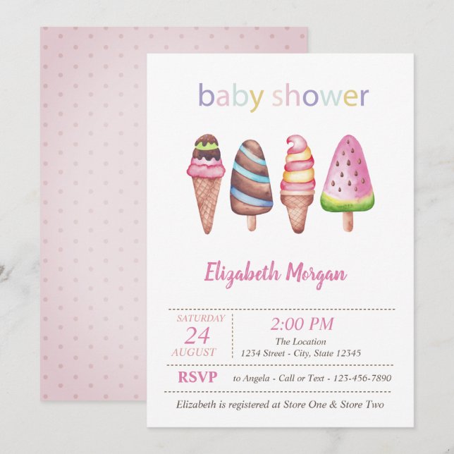 Invitation Aquarelle Crèmes glacées Baby shower des points (Devant / Derrière)