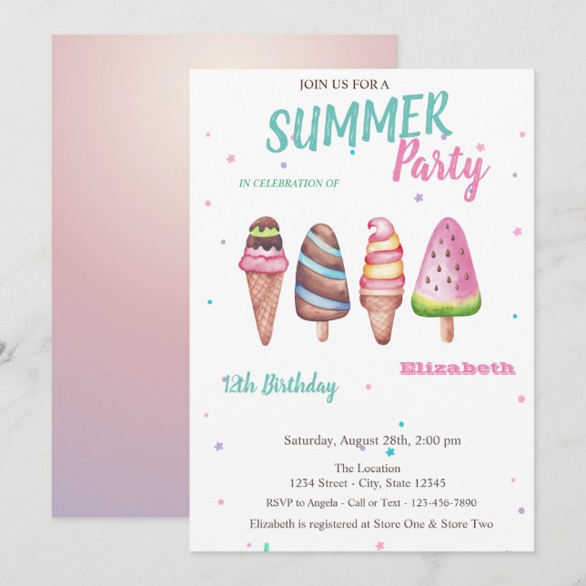 Invitation Aquarelle Crèmes glacées été fête d'anniversaire (Devant / Derrière)