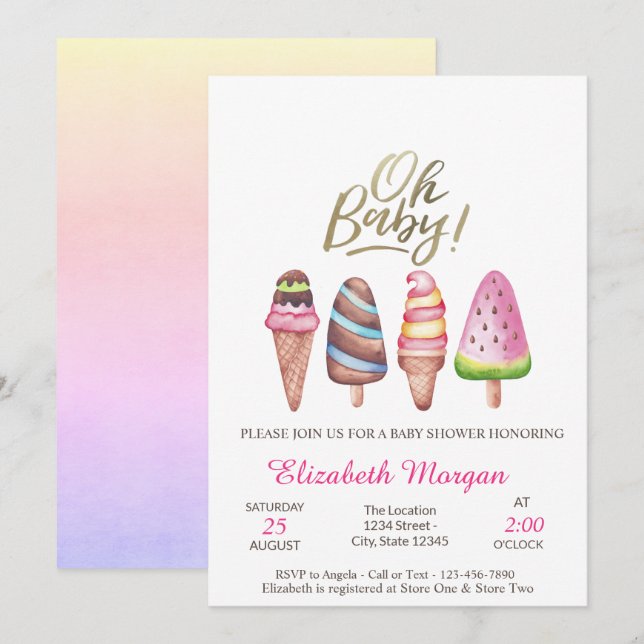 Invitation Aquarelle Crèmes glacées Oh Baby Baby shower d'été (Devant / Derrière)