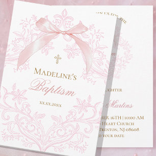 Invitation aquarelle crête rose petit arc Baptême