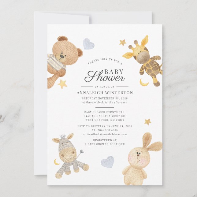 Invitation Aquarelle Cute Animaux Baby shower moderne (Devant)