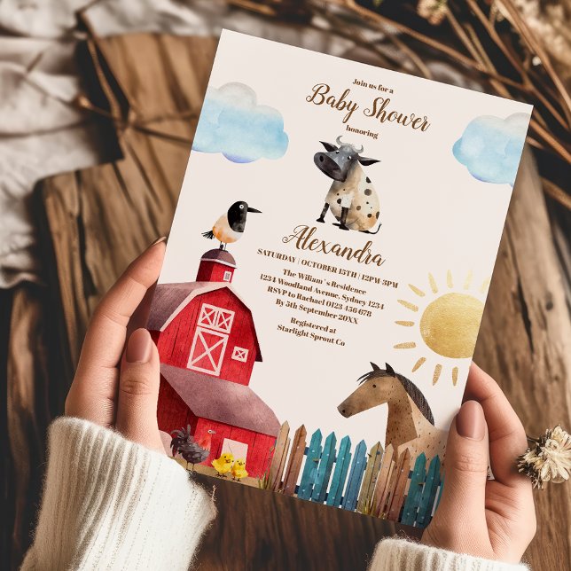 Invitation Aquarelle Cute Animaux de ferme Barnyard Baby show (Créateur téléchargé)