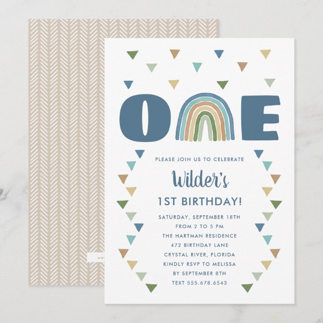 Invitation Aquarelle Cute Boho Arc en ciel Anniversaire Bleu  (Devant / Derrière)