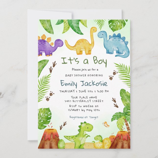 Invitation Aquarelle Cute Boho Dinosaur Vert Garçon Bébé (Devant)