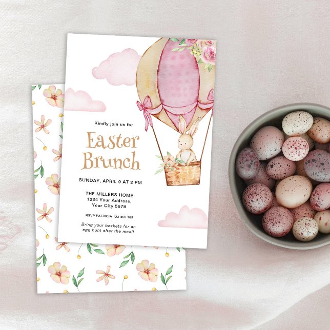 Invitation Aquarelle Cute Bunny avec Balloon Brunch de Pâques (Créateur téléchargé)