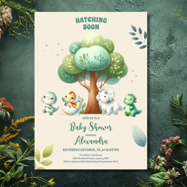 Invitation Aquarelle Cute Dinosaur Hatching Bientôt Baby show (Créateur téléchargé)