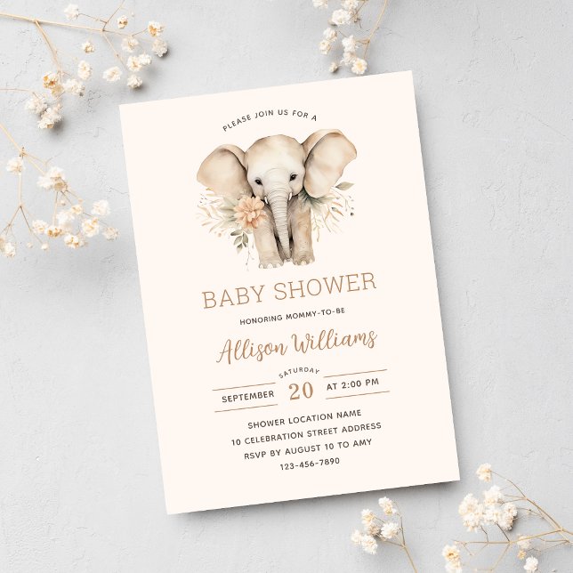 Invitation Aquarelle Cute Elephant Floral Girl Baby shower (Créateur téléchargé)