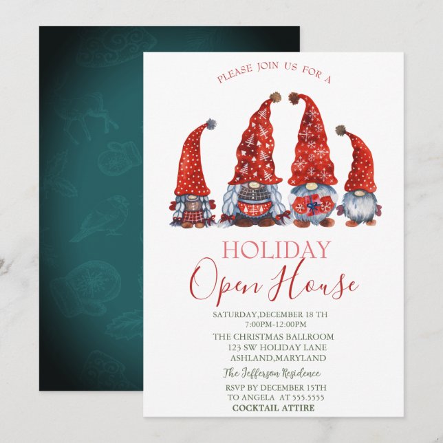 Invitation Aquarelle Cute Gnomes Open House (Devant / Derrière)