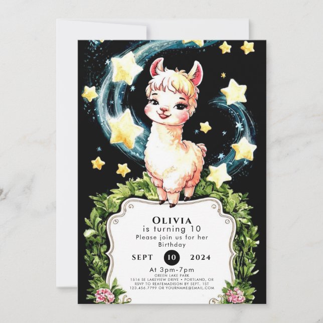 Invitation Aquarelle Cute Llama Anniversaire (Devant)