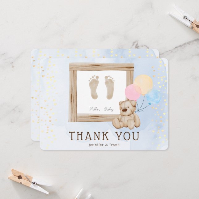 Invitation Aquarelle Cute pieds Merci Baby shower bleu (Devant/Arrière en situation)