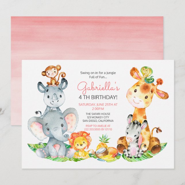 Invitation Aquarelle Cute Safari Jungle Animaux Anniversaire (Devant / Derrière)