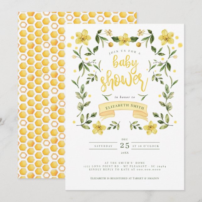 Invitation Aquarelle d'abeille fleurie jaune (Devant / Derrière)