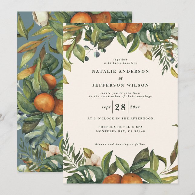 Invitation Aquarelle d'agrumes d'orange mariage moderne botan (Devant / Derrière)