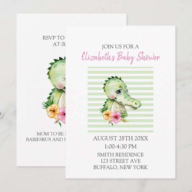 Invitation Aquarelle d'Alligator mignonne Hibiscus Baby showe (Devant / Derrière)