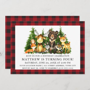 Invitation Aquarelle d'anniversaire Bois Animaux Plaid