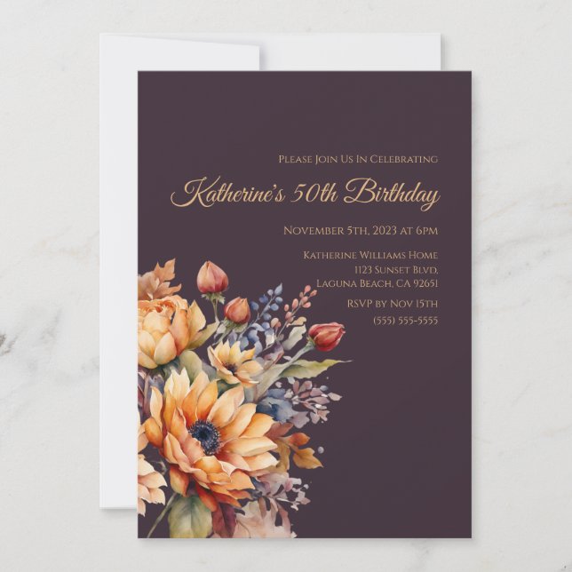 Invitation Aquarelle d'anniversaire Fleurs d'automne-violet- (Devant)