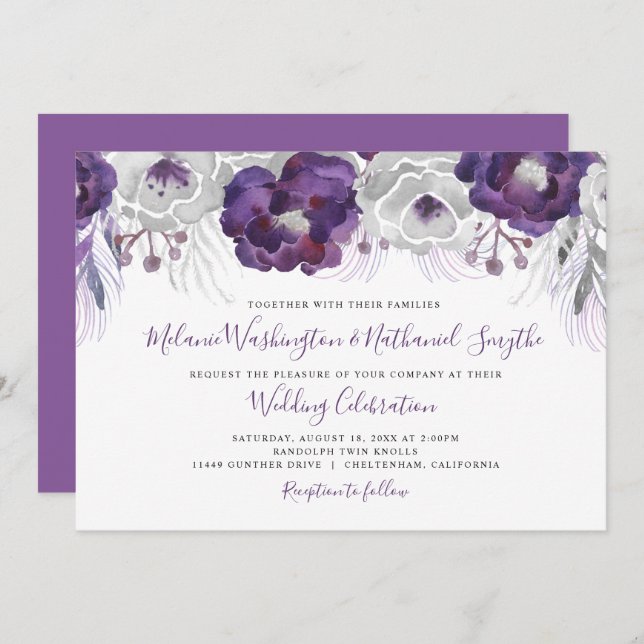 Invitation Aquarelle d'argent violet mariage floral (Devant / Derrière)