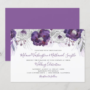 Invitation Aquarelle d'argent violet mariage floral