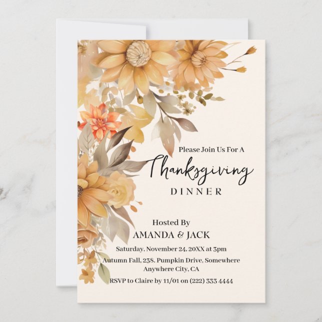 Invitation Aquarelle d'automne Floral Thanksgiving Dîner (Devant)