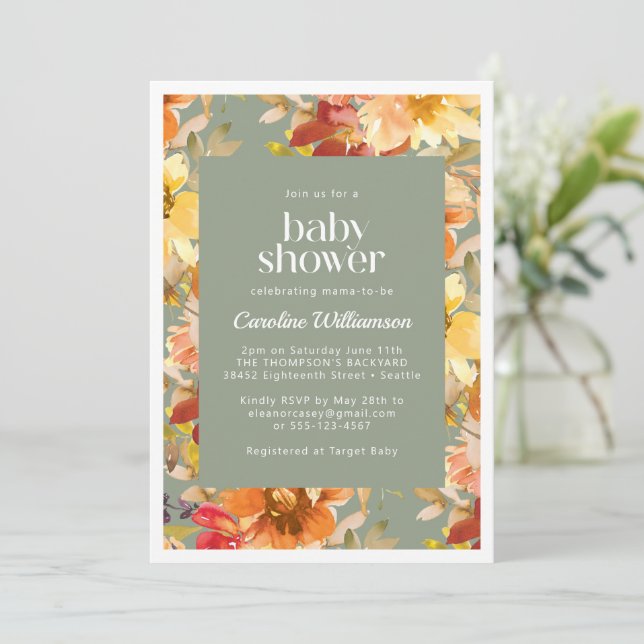 Invitation Aquarelle d'automne Motif floral Baby shower chic (Debout devant)