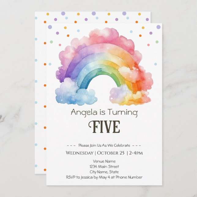 Invitation Aquarelle de 5e anniversaire Rainbow Kids (Devant / Derrière)