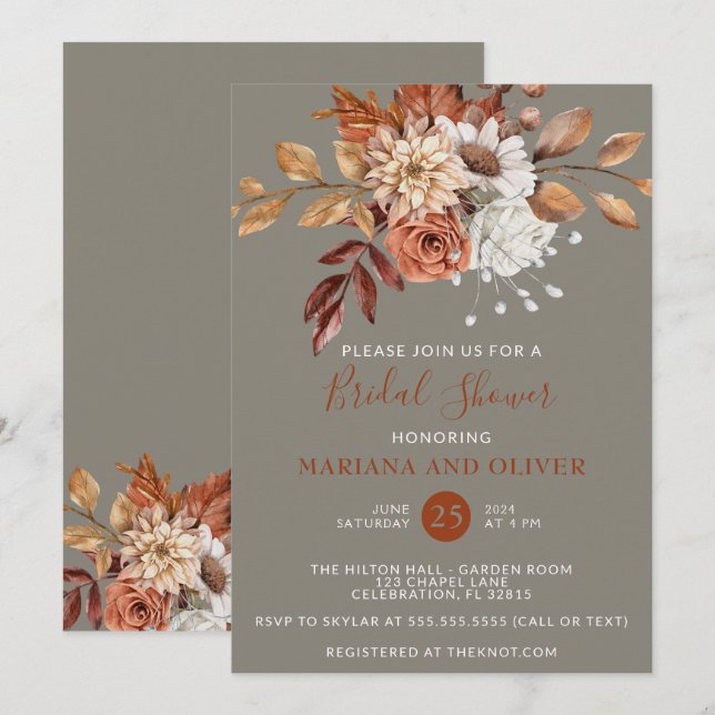 Invitation Aquarelle de automne Fête des mariées de gris flor (Devant / Derrière)