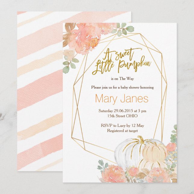 Invitation Aquarelle de baby shower rose et or (Devant / Derrière)