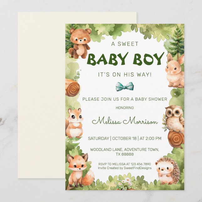 Invitation Aquarelle de bois Rustic Sweet Baby Boy Douche (Devant / Derrière)