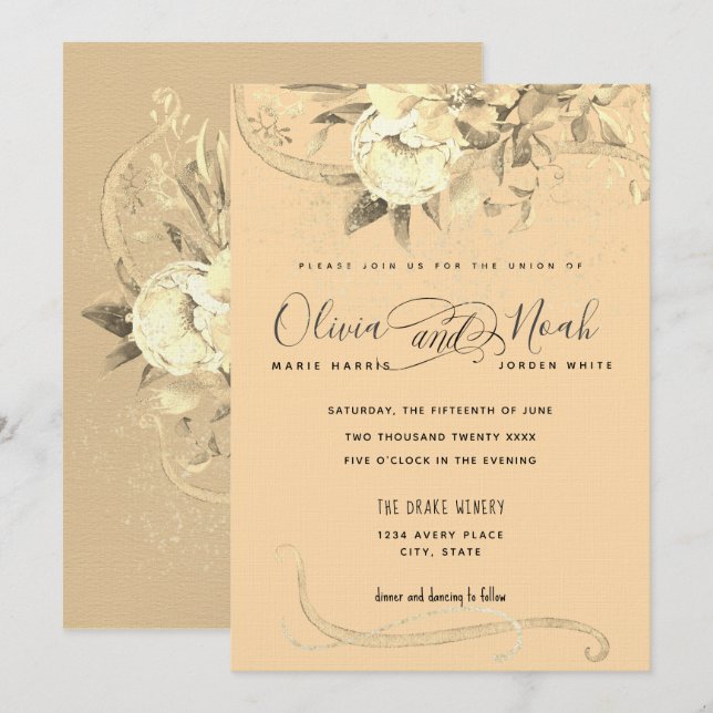Invitation Aquarelle de calligraphie florale de l'heure d'or (Devant / Derrière)
