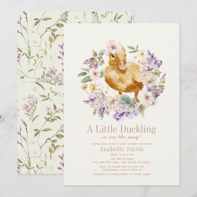 Invitation Aquarelle de canard Baby shower floral fille (Devant / Derrière)
