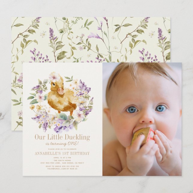 Invitation Aquarelle de canard Floral Girl 1er anniversaire P (Devant / Derrière)
