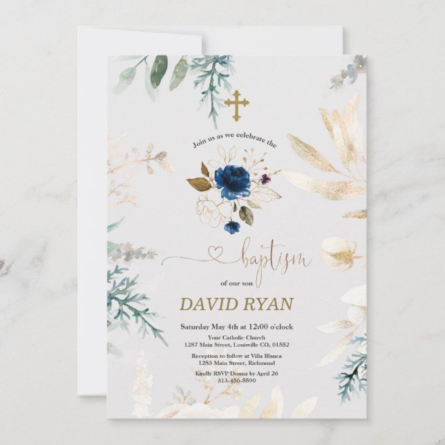 Invitation Aquarelle de charme Bleu Floral Or Baptême (Devant)