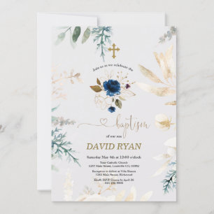 Invitation Aquarelle de charme Bleu Floral Or Baptême