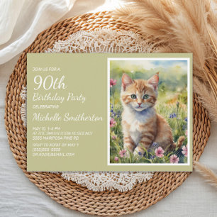 Invitation Aquarelle de chat orange jaune mignonne 90e annive
