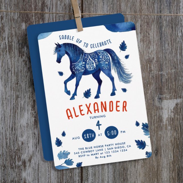 Invitation Aquarelle de Cheval Bleu élégant Derby Pony Cowboy (Créateur téléchargé)