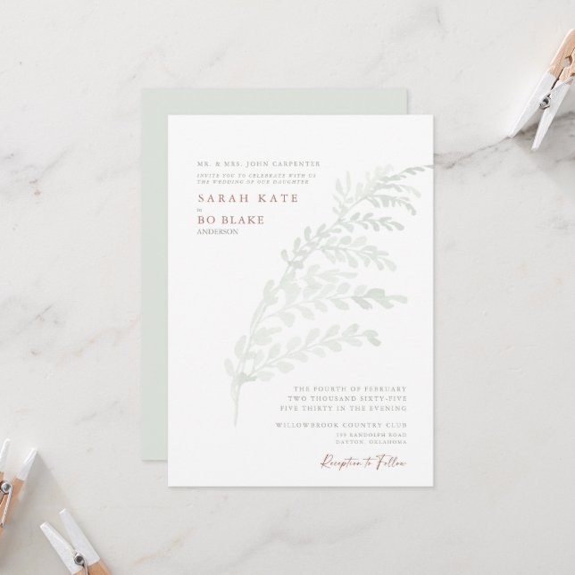 Invitation Aquarelle de chute Sage et Mariage de rouille (Devant/Arrière en situation)