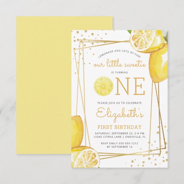Invitation Aquarelle de citron 1er anniversaire (Devant / Derrière)