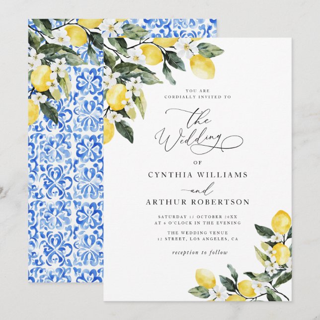 Invitation aquarelle de citron bleu méditerranéen mariage (Devant / Derrière)