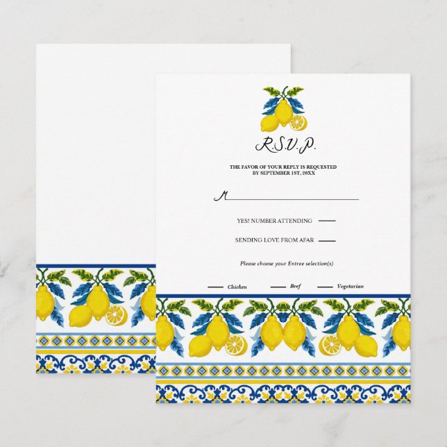 Invitation Aquarelle de citron jaune bleu méditerranéen RSVP (Devant / Derrière)