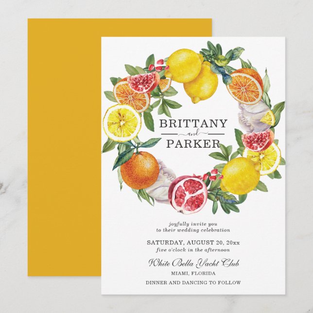 Invitation Aquarelle de Citrus Mariage de couronne botanique (Devant / Derrière)