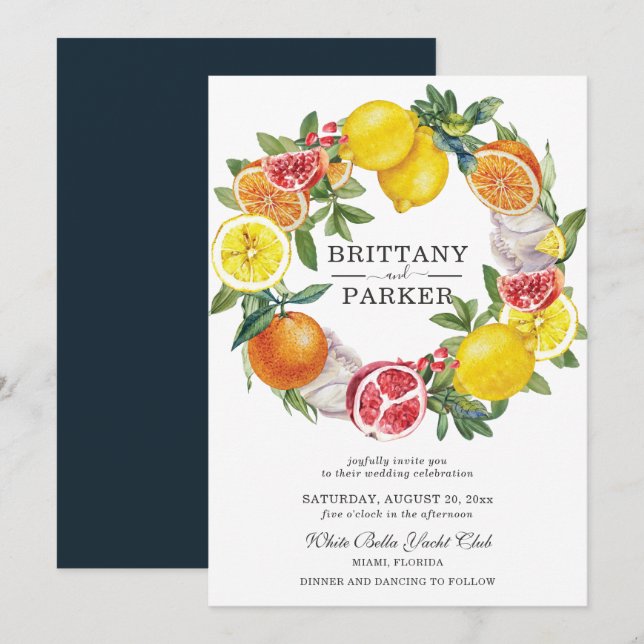 Invitation Aquarelle de Citrus Mariage de couronne botanique (Devant / Derrière)