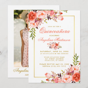 Invitation Aquarelle de corail Floral Quinceanera Gold Photo