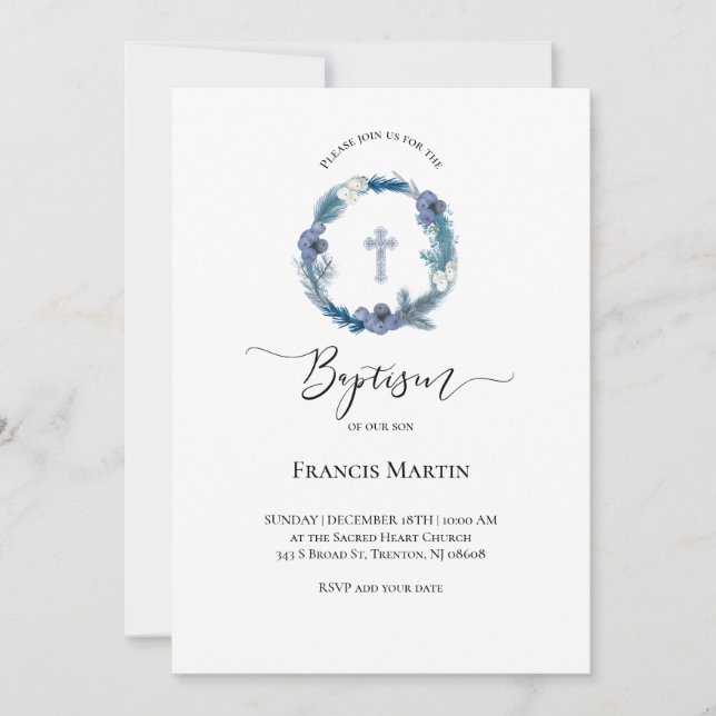 Invitation aquarelle de couronne bleu d'hiver | Baptême (Devant)